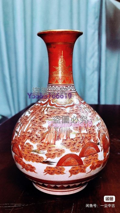 湖東燒湖東赤繪金彩山水人物圖大花瓶日本官窯高20直徑13口6 中古古董