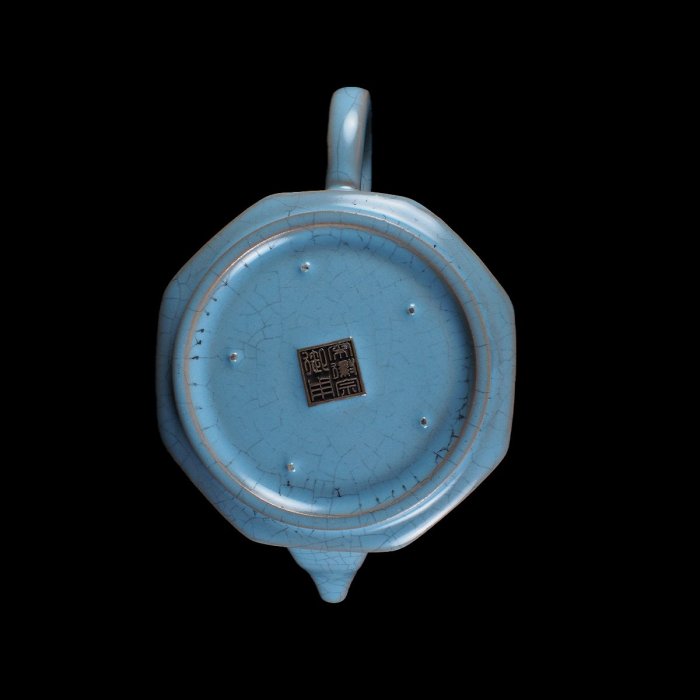 中国　汝窯　天青釉　茶入　茶壷　蓋・仕覆付　時代箱　M　R4570 中国 汝窯 天青釉 茶入 茶壷 蓋・仕覆付 時代箱 M