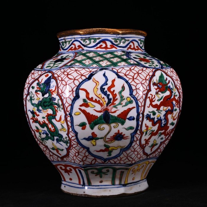 明萬曆青花五彩開窗龍鳳花卉紋八棱鎏金罐規格33*33cm133531官窯、民窯