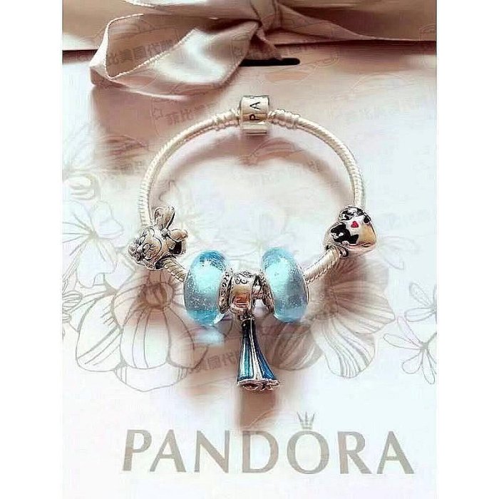 精選二手PANDORA 潘朵拉 925純銀 手鍊+5顆珠藍色公主 米妮 藍珠 氣質典雅 成品鍊