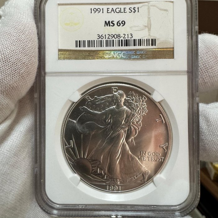 美國 1991 鷹洋行走自由女神銀幣 1 盎司 NGC MS69 老盒