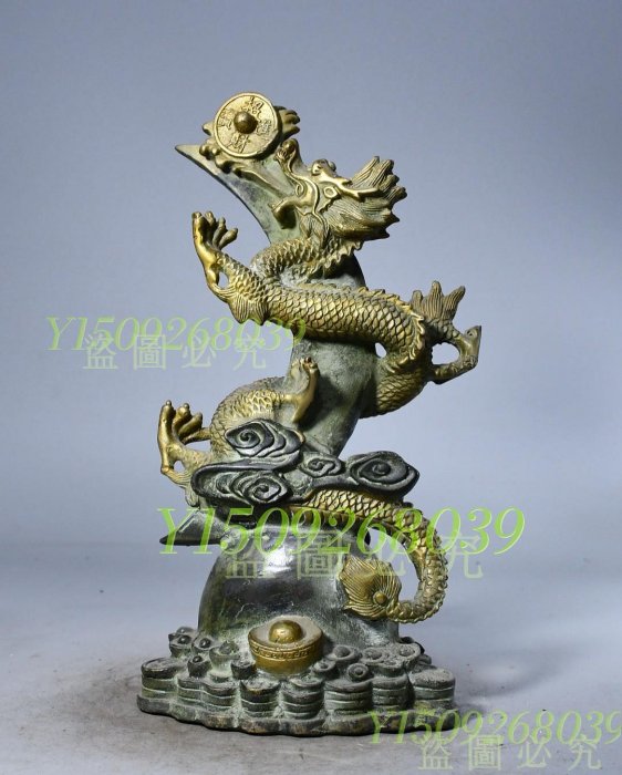 黃銅招財進寶盤龍柱·包漿醇厚細膩，自然古樸老氣，居家佛堂公司擺件用