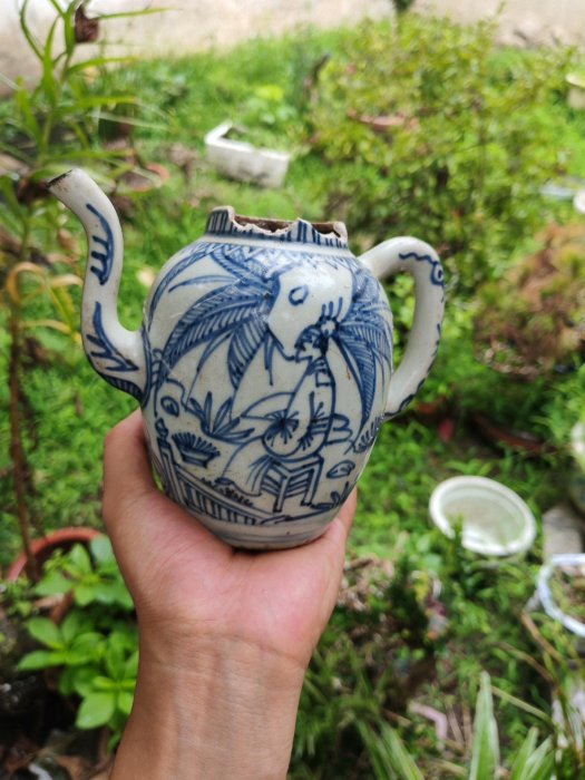 明代萬歷鐵線描青花執壺包真保假一罰萬青花發色純正畫工精美地產一線貨