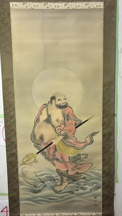 藏舊尋寶屋】老日本畫家作桂山落款「達摩祖師」水墨畫掛軸/畫軸(一元起