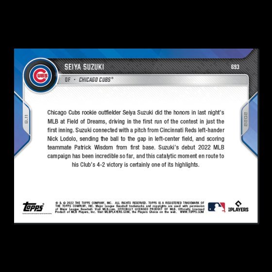 鈴木誠也球員卡2022 MLB TOPPS NOW® Card 693 夢想成真賽事首打點