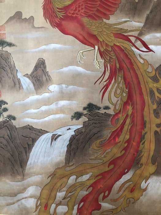 C絹03【唐寅】鳳凰，四尺牙軸絹布對聯手繪中堂，裝裱畫尺寸：230*78cm