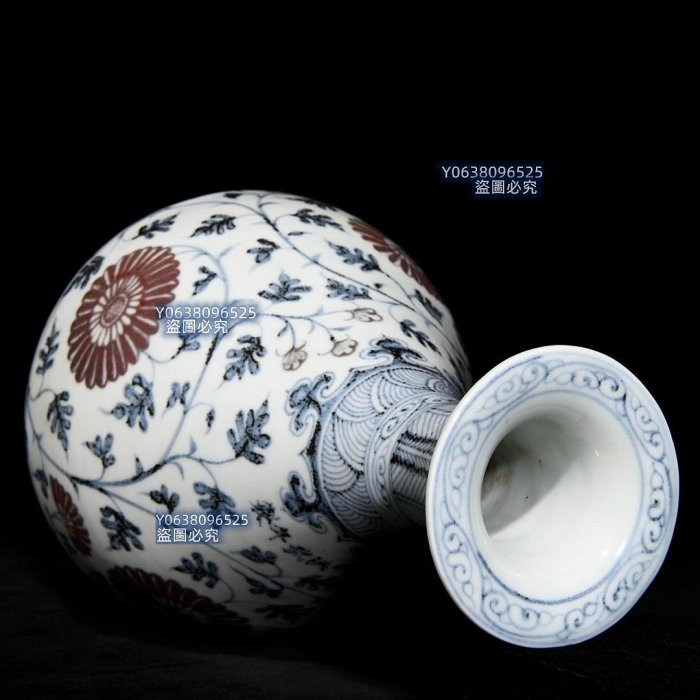 明洪武青花釉里紅纏枝花卉紋玉壺春瓶，高32cm直徑20cm，編號6 五彩青花