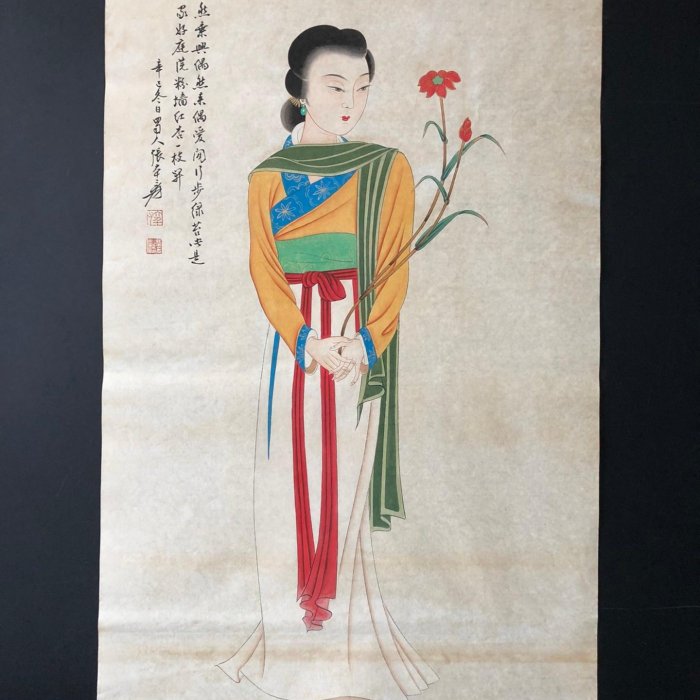 Z106【張大千】人物，四尺豎幅純手繪作品尺寸約：133*66厘米未裝裱，帶