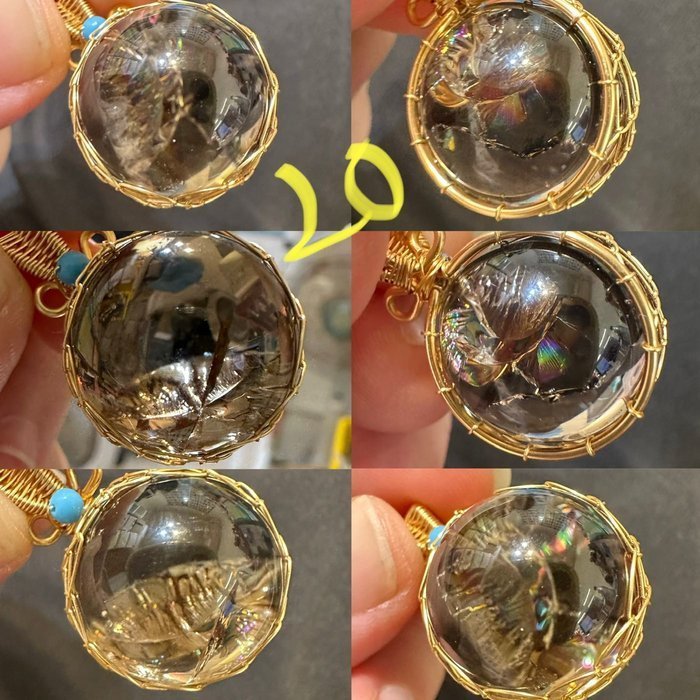 天然寶石（可轉動）14K金手工繞線阿賽斯特萊球彩虹光白水晶激光