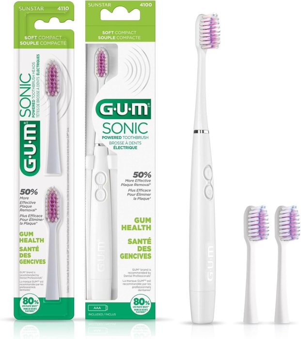 [5美國直購] Sunstar GUM 音波 電動牙刷 4100 白+2 替換牙刷頭 AAA電池式 軟毛細毛 旅行便攜 Sonic Toothbrush