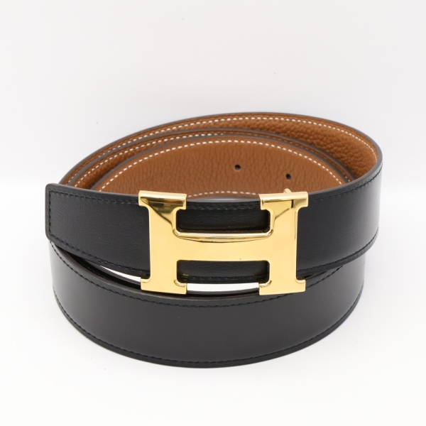 HERMES 愛馬仕 H 皮帶 黑/金棕色 Box Calfskin/Togo牛皮 C刻 95CM 金釦 【二手名牌BRAND OFF】