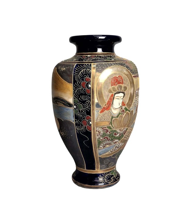 日本古美術/薩摩燒古花瓶金襴手細工人物紋，琉璃釉，飾金開片