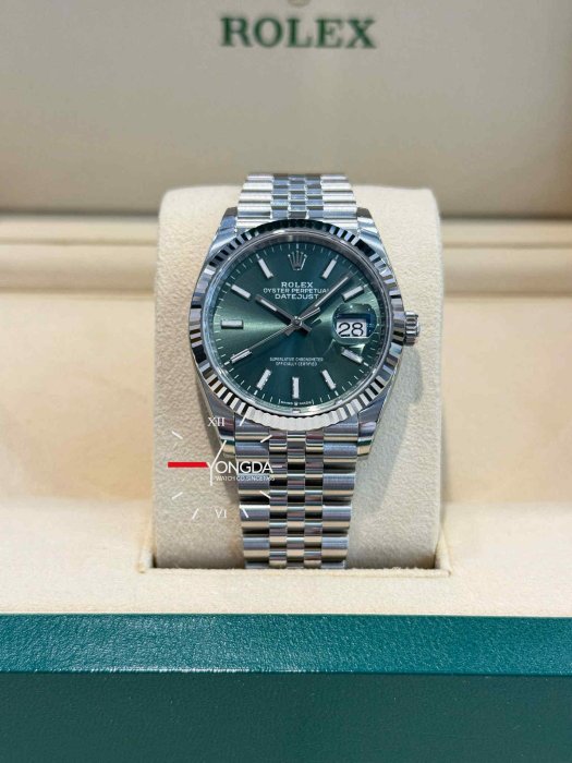 ROLEX 勞力士 現貨實品 全新品全膜 薄荷綠色太陽紋面盤 DATEJUST 36 蠔式 126234-0051 三角坑紋錶圈 紀念型（Jubilee）五銖帶