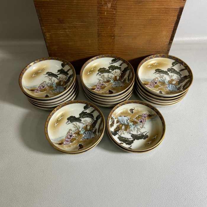 古玩輕鬆拍】古日本明治年求之九谷燒色繪描金松鶴高砂夫婦紋手塩皿/瓷