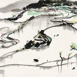 吴冠中 山水画 江南風景 掛軸 横幅 水墨画 中国美術 風景画 壁掛け 和室装飾 吳冠中水墨畫江南水鄉三尺橫幅山水國畫藝術微噴複製畫中式裝飾畫