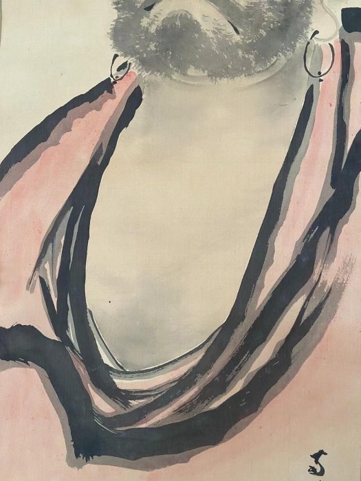 宋風經典達摩圖茶掛，絹本綾裱手繪，S47尺幅115×34cm，工筆精細，保存