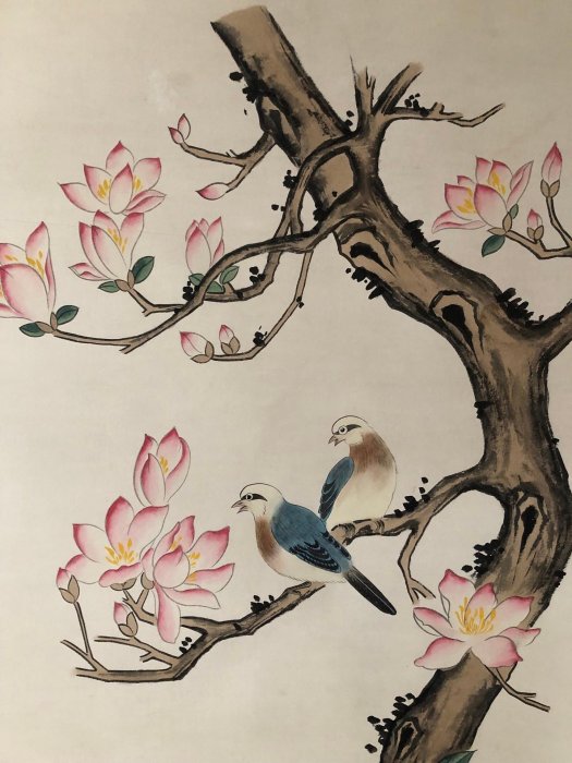 PA35【王雪濤】花鳥，四尺扇面精裱純手繪中堂畫，裝裱尺寸：232*89cm