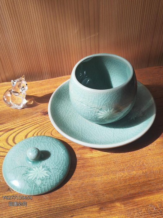 高麗青瓷世昌（金世龍）作三才蓋碗蓋杯商品尺寸：杯口直徑6高6 碟子