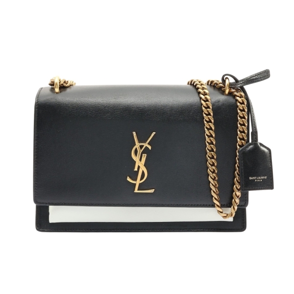 SAINT LAURENT YSL 聖羅蘭 SUNSET MEDIUM 鍊帶肩背包 黑/白色 牛皮 442906 【二手名牌BRAND OFF】