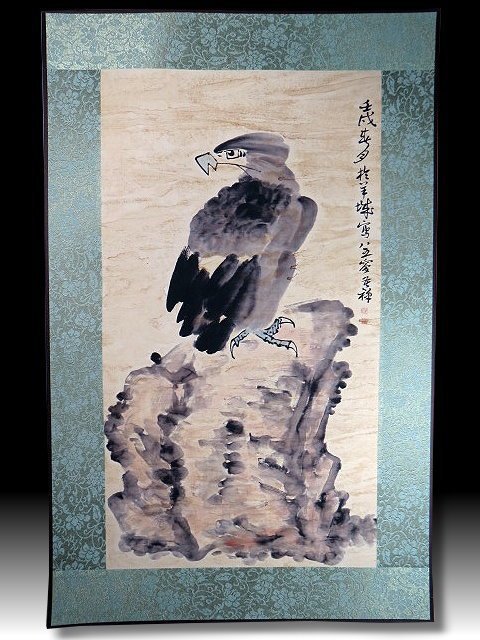 金王記拍寶網】S1323 中國近代書畫名家名家款水墨老鷹圖居家複製畫名家