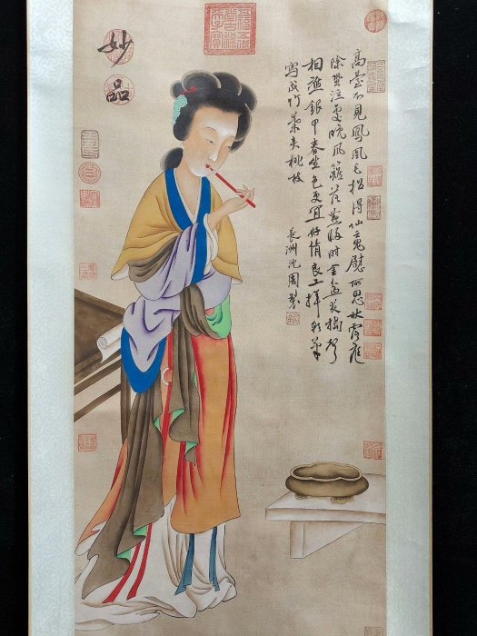 嚴選沈周風味純手工仕女圖中堂掛軸，三尺絹本藝術品客廳裝飾字畫中堂畫