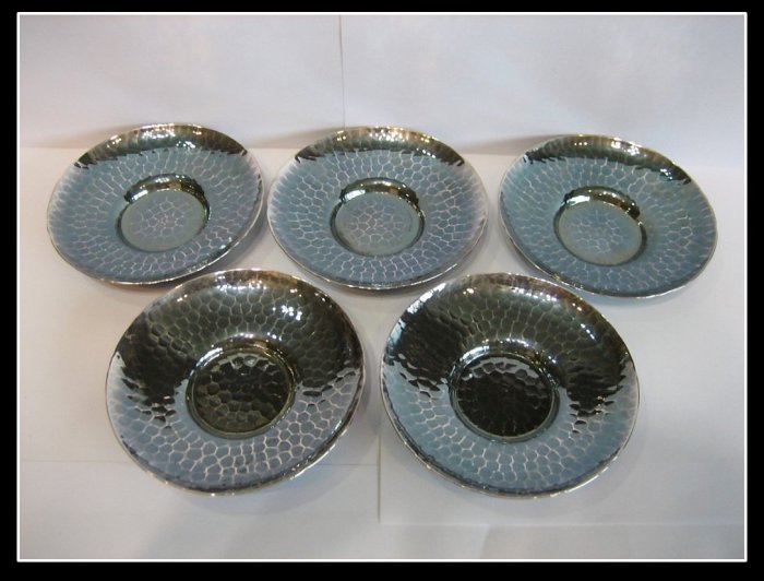 勇福堂》】日本茶道具－松榮堂造【純銀鎚目圓式茶托5客】共箱－重386