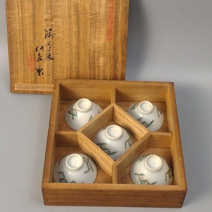 編號0平安三浦竹泉造篩月庵竹泉制日本清水燒色繪七寶文茶碗酒盞一套5個
