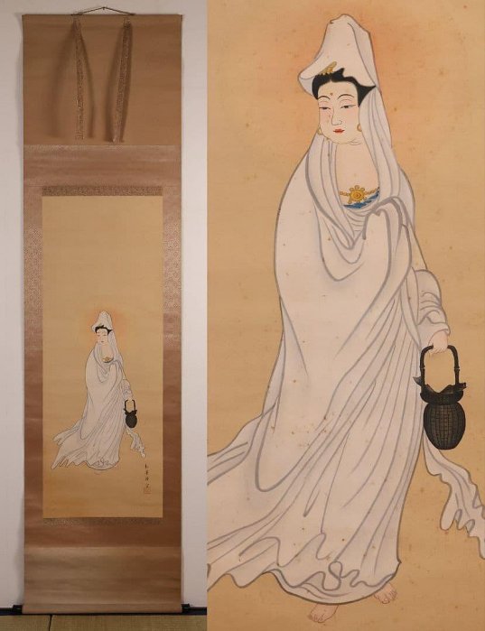 【模写】日本画 魚籃観音像 在銘 松堂 絹本 掛軸 木箱入り 仏画 MB233 魚籃觀音佛畫絹本掛軸木箱入| Yahoo拍賣