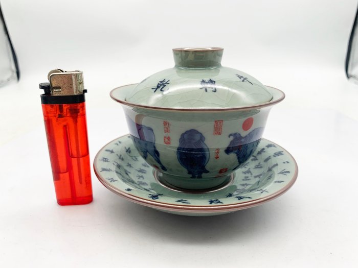 小蔡二手挖寶網) 早期景德鎮製牛轉乾坤三才蓋碗茶杯蓋盤易碎總重量約