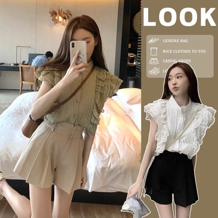 【促銷】集物居女裝??抹女裝茶綠 女裝蕾絲小女裝飛袖顯女裝白襯衫女裝?? 女裝寬褶西女裝裝褲 女裝短褲