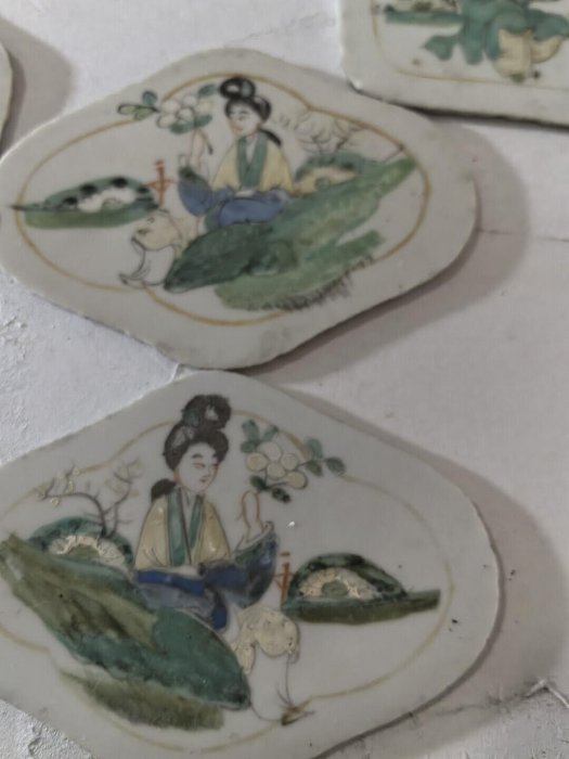 嚴選老物件粉彩瓷板畫一組山水人物工藝細膩現代收藏佳品10公分器型山水