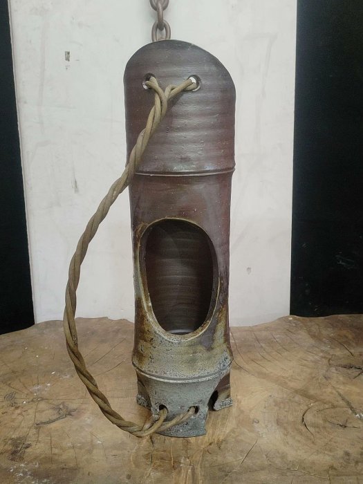 備前釣舟吊花器竹筒手工藝品木村陶峰創作新貨原裝備前竹筒、藤編提梁
