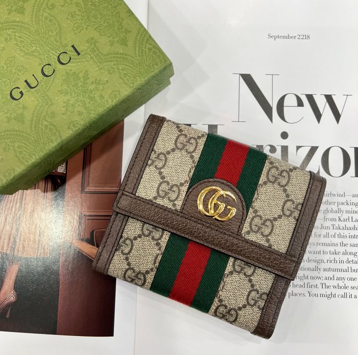 【茱麗葉精品】全新商品 GUCCI 專櫃商品 523173 Ophidia GG印花織帶寬版扣式零錢短夾.咖 預購無現貨