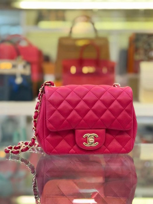 ☆名品寶庫☆ Chanel 桃粉色 羊皮 淡金釦 17 mini coco 方胖 *現貨*