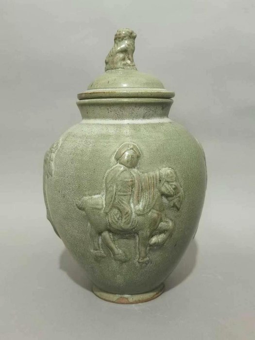 【希少品】中国宋時代　越窯蓋瓶y116 越窯蓋罐堆雕人物宋代古瓷罕見| Yahoo拍賣