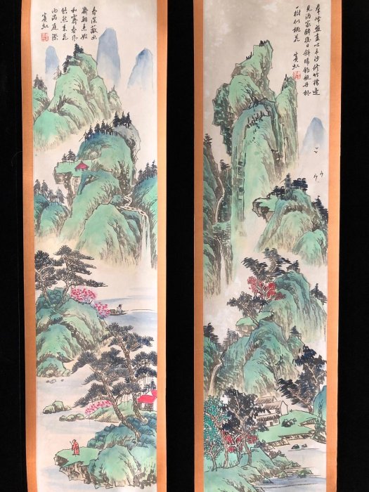 66【黃賓虹】山水，純手繪四條屏，元裱好尺寸高x寬：175x39cm 左右畫芯