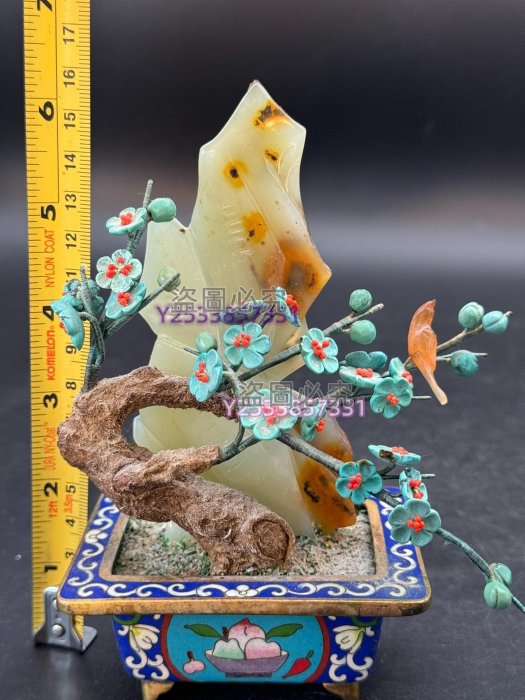 景泰藍玉石盆景綠松梅花瑪瑙小鳥岫巖玉假山配博古紋景泰藍盆非常