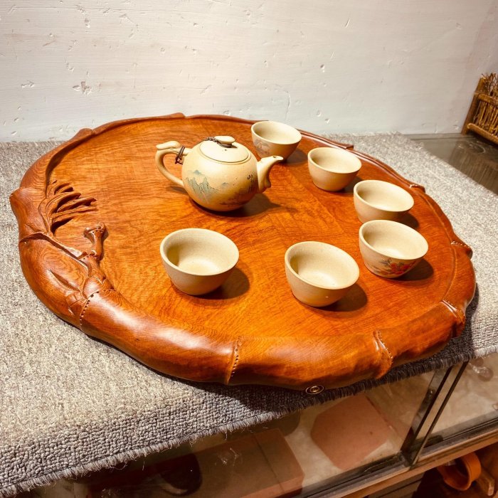緬甸花梨木茶盤茶臺功夫茶盤整木雕刻工藝，寓意高升，隱藏式【雅藏館