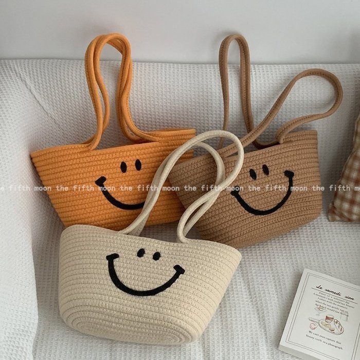 下殺-現貨 thefifthmoon韓國ins風笑臉手提棉繩編織籃度假街拍手提包籃子