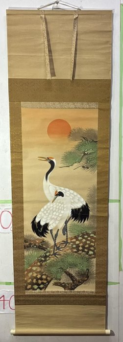 藏舊尋寶屋】老日本畫家作落款「松鶴圖」水墨畫掛軸/畫軸/掛軸《絹本