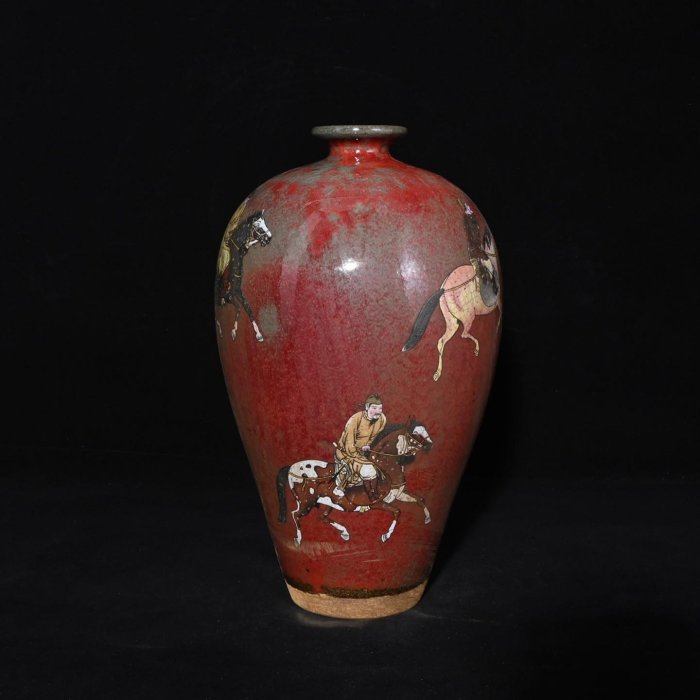 宋時代 建窯 紅釉 描金 人物騎馬図 梅瓶 供御款 花瓶