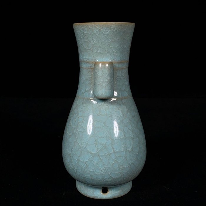 宋汝窯冰裂紋貫耳瓶，高15直徑9cm，500641 瓷器官窯汝窯【古雲