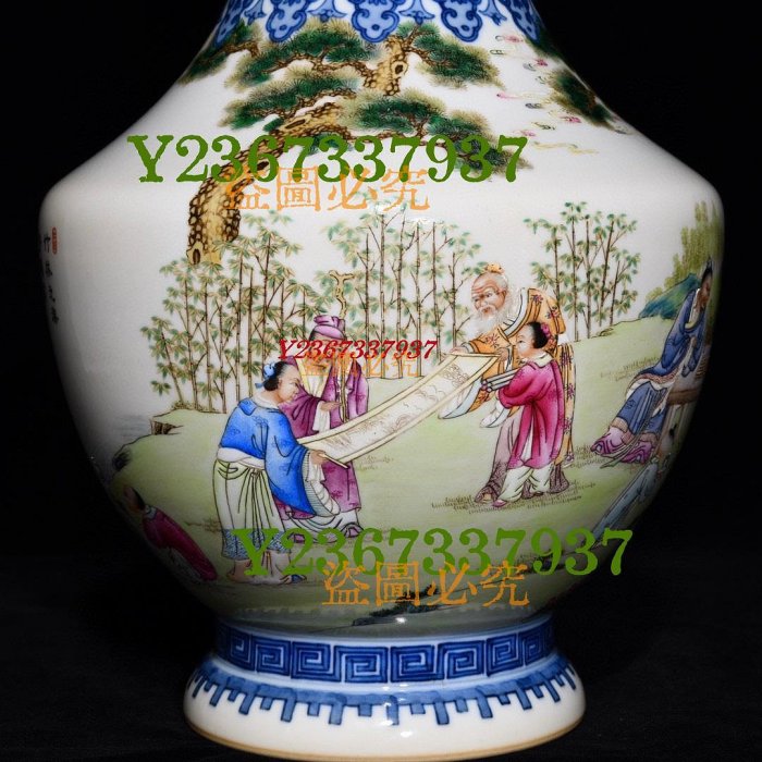 清乾隆粉彩竹林七賢紋雙耳瓶，高36.5cm直徑21cm3590 瓷器青花粉彩