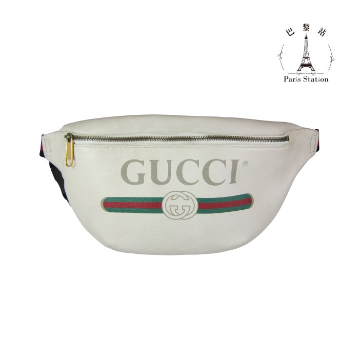 【巴黎站二手名牌專賣店】＊現貨＊GUCCI 真品＊530412藍紅織帶米白色Print胸口包 腰包
