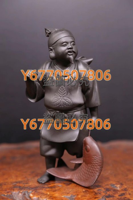 日本明治時代金工師秀尚作《蠟型鑄銅制魚眼嵌金惠比壽福神銅像》 日本