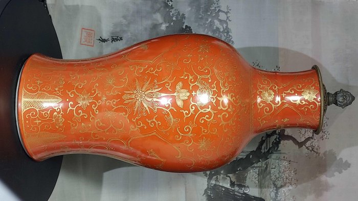 清代中期珊瑚紅描金觀音大瓶雙圈款| Yahoo拍賣