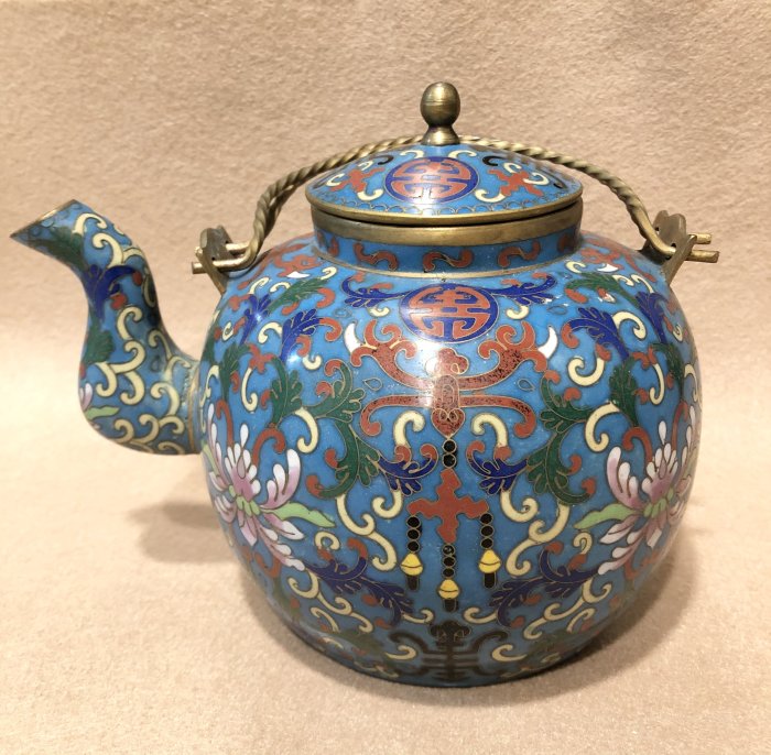 小小的】～ 清末老件～ 景泰藍銅胎掐絲琺瑯福壽紋茶壺late qing