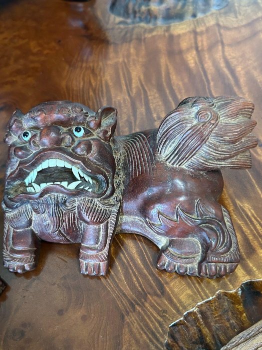 二手】實木雕獅子少獅太保。六十年代口創匯天然龍眼木荔枝木手工雕案頭