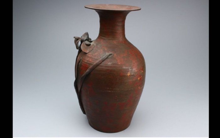 日本銅器斑紫銅菖蒲花文花瓶在銘骨董古玩古美術品古道具高30公分