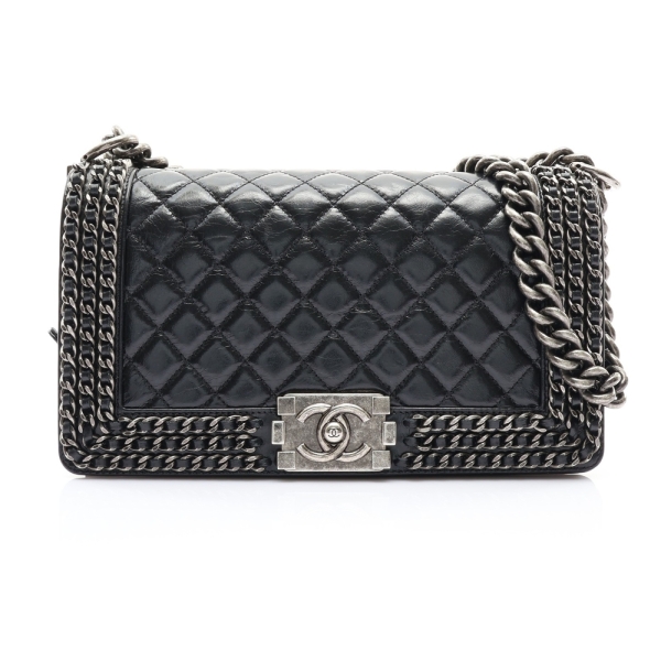 CHANEL 香奈兒 黑色 菱格紋 牛皮 Boy 25 鍊帶 肩背包 銀扣 【二手名牌BRAND OFF】
